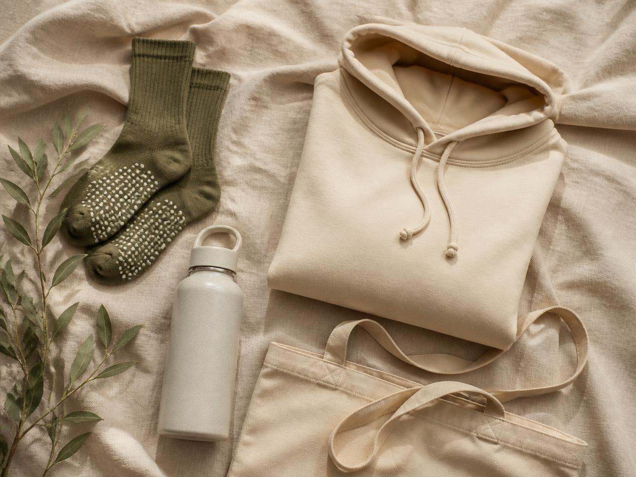 Studio grip socks, hoodie, water bottle and tote bag laid on linen